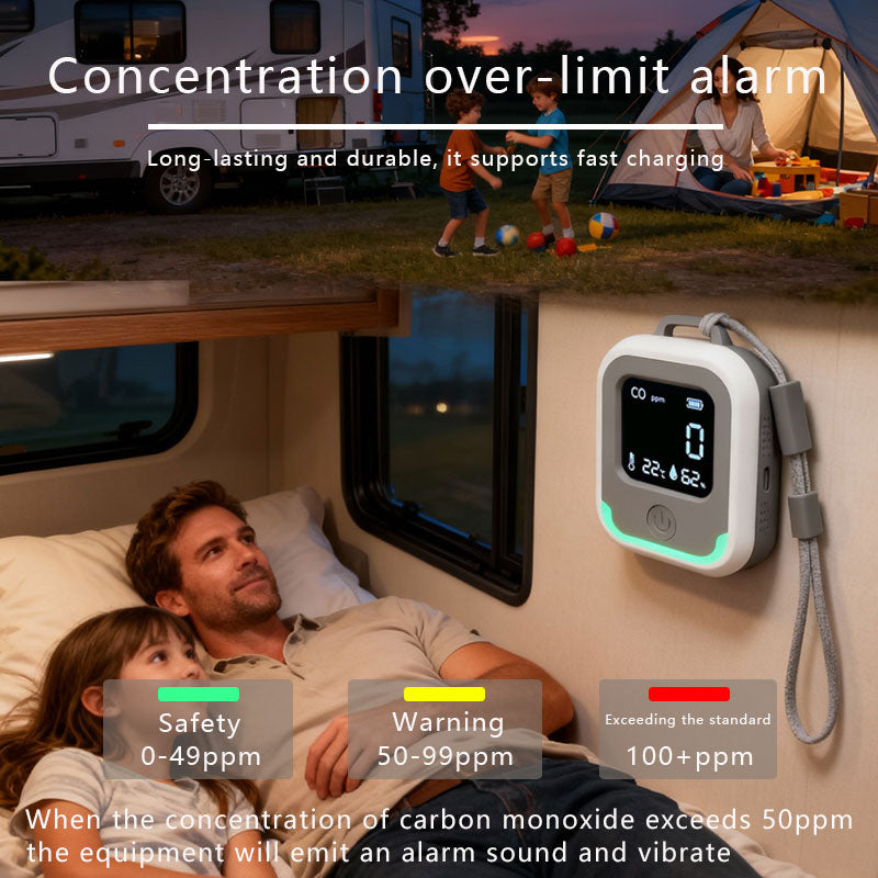 3-in-1 Portable CO Detector. Camping Carbon Monoxide Alarm with Temperature & Humidity Monitor