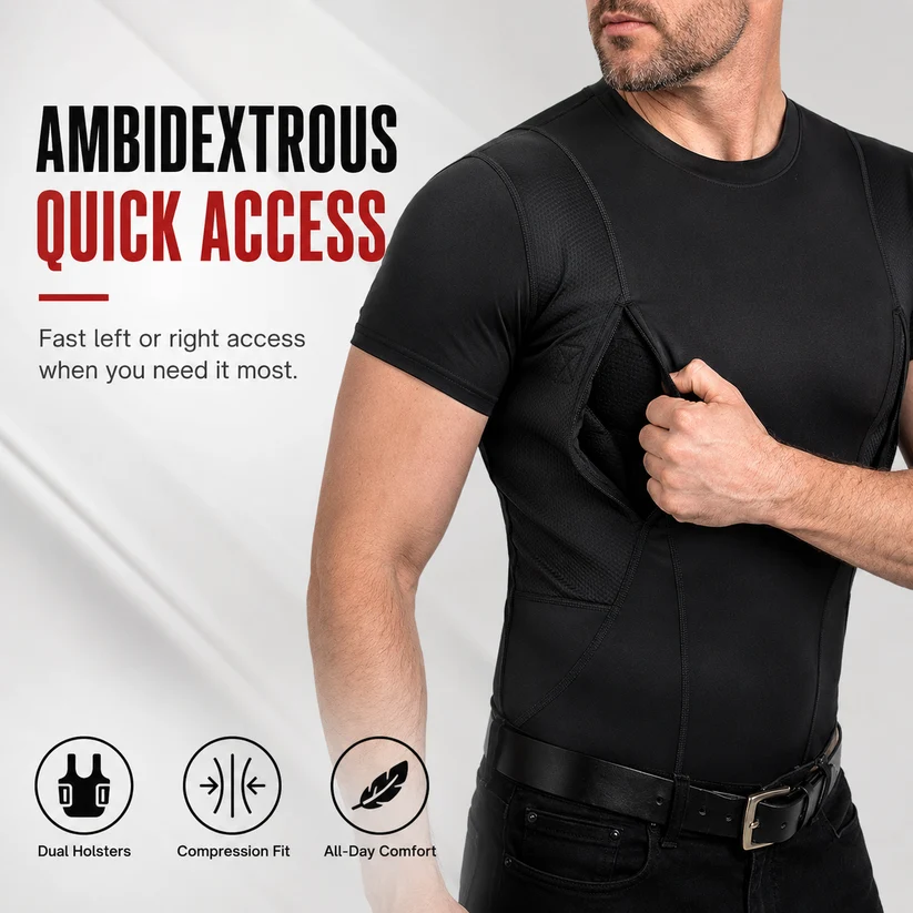 Short-sleeve ambidextrous concealed carry compression shirt with dual side access