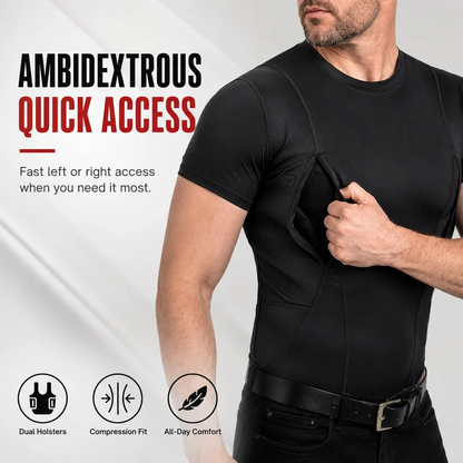 Short-sleeve ambidextrous concealed carry compression shirt with dual side access