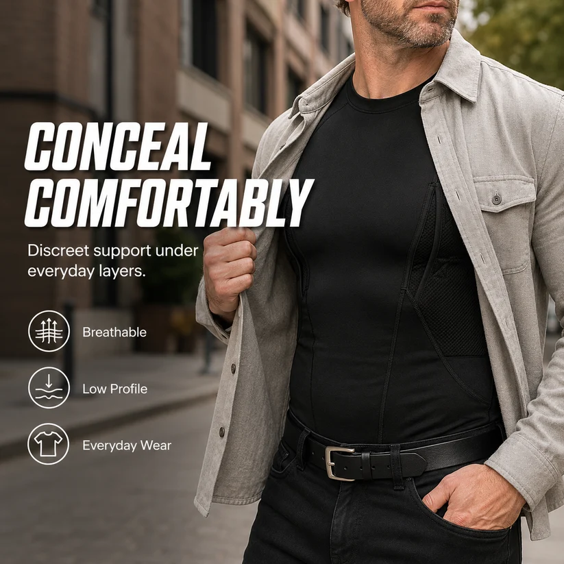 Short-sleeve concealed carry compression shirt worn beneath outerwear