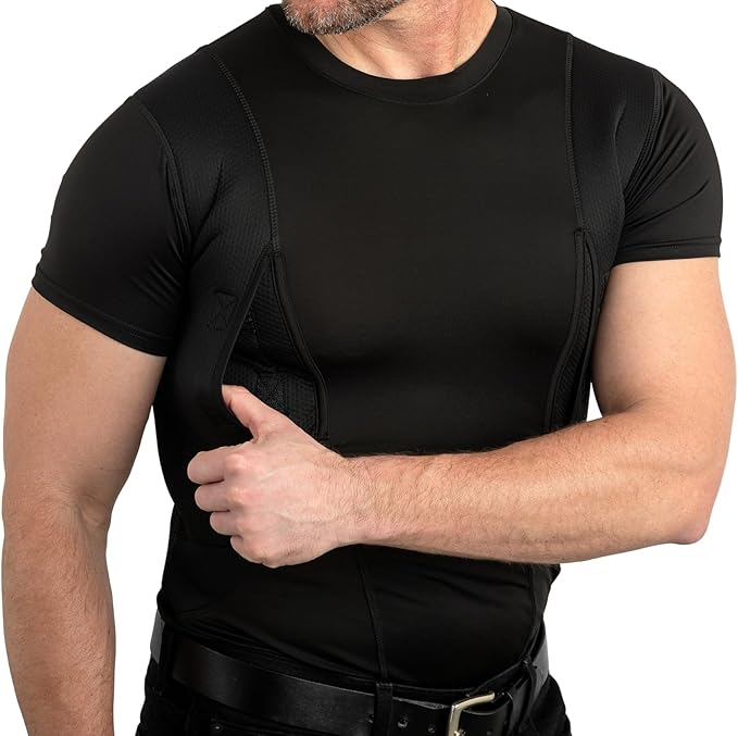 Black short-sleeve compression shirt showing side access