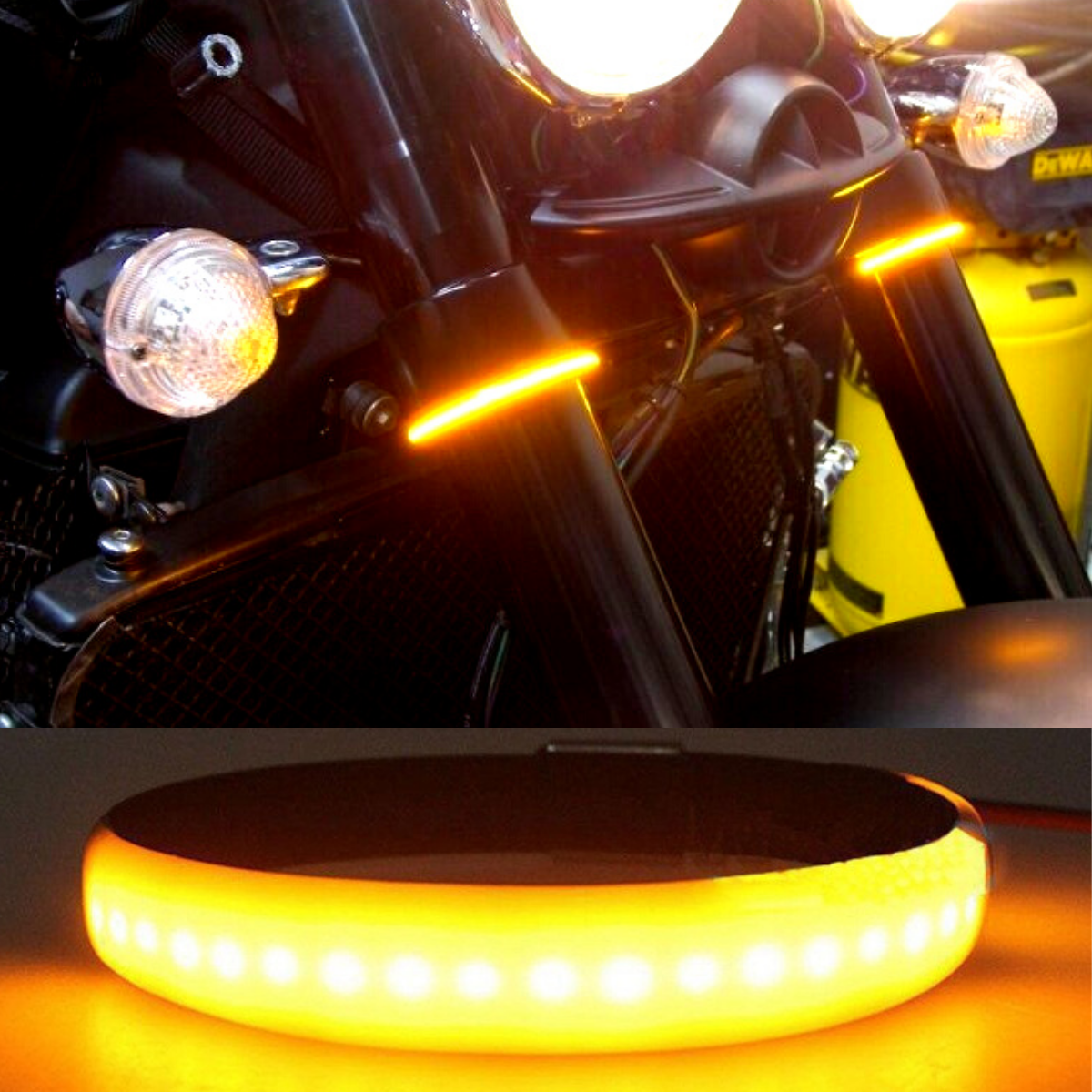 Amber LED motorcycle fork turn signal lights mounted on front fork