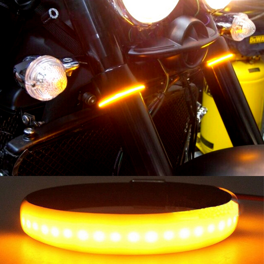 Amber LED motorcycle fork turn signal lights mounted on front fork