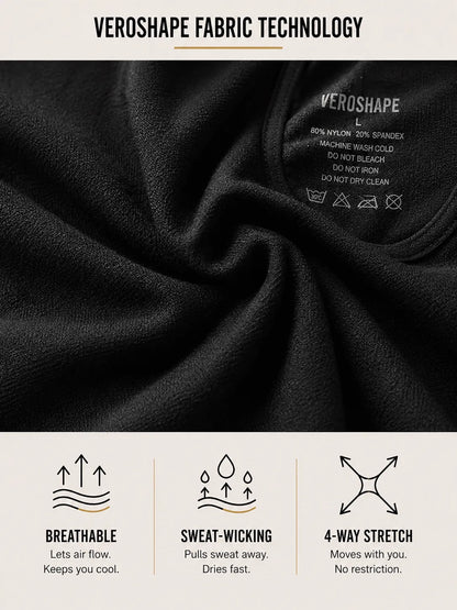 Close-up of VEROSHAPE 80% nylon 20% spandex fabric with breathable, sweat-wicking and four-way stretch.