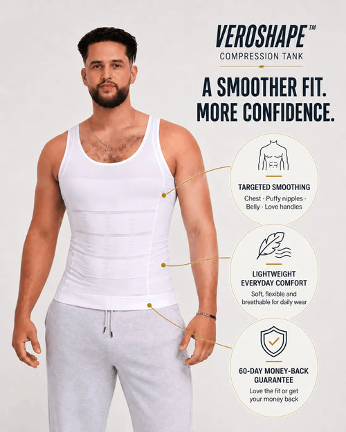 Man wearing the VEROSHAPE men's compression tank top, showing chest, stomach and waist coverage