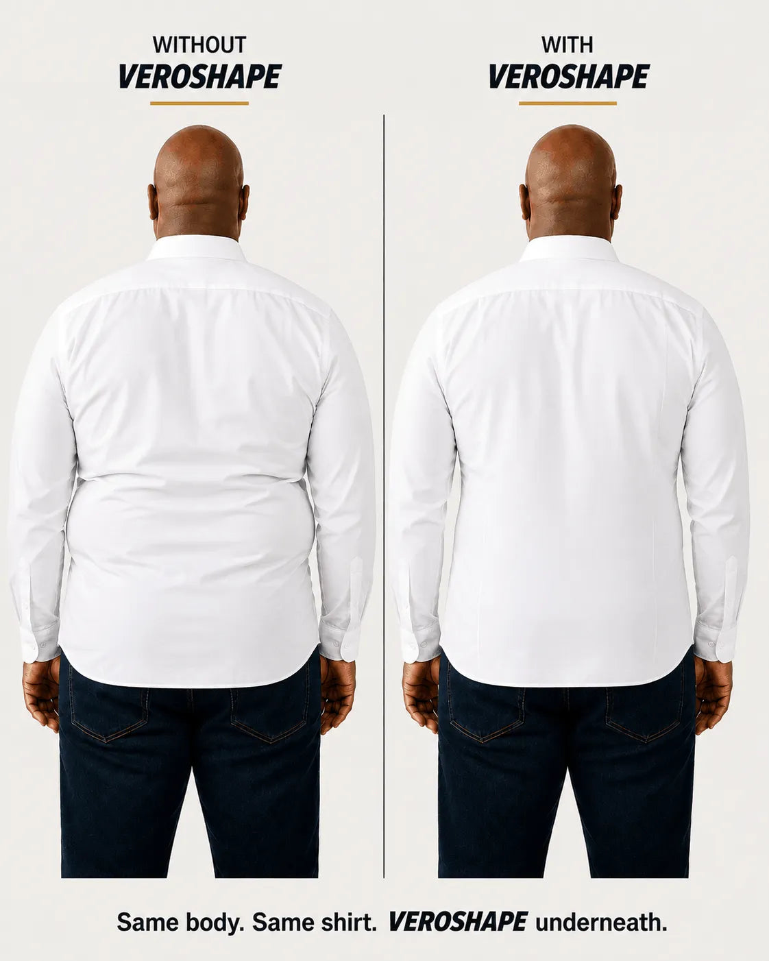White shirt without and with VEROSHAPE underneath, showing reduced love-handle and side-waist outlines.