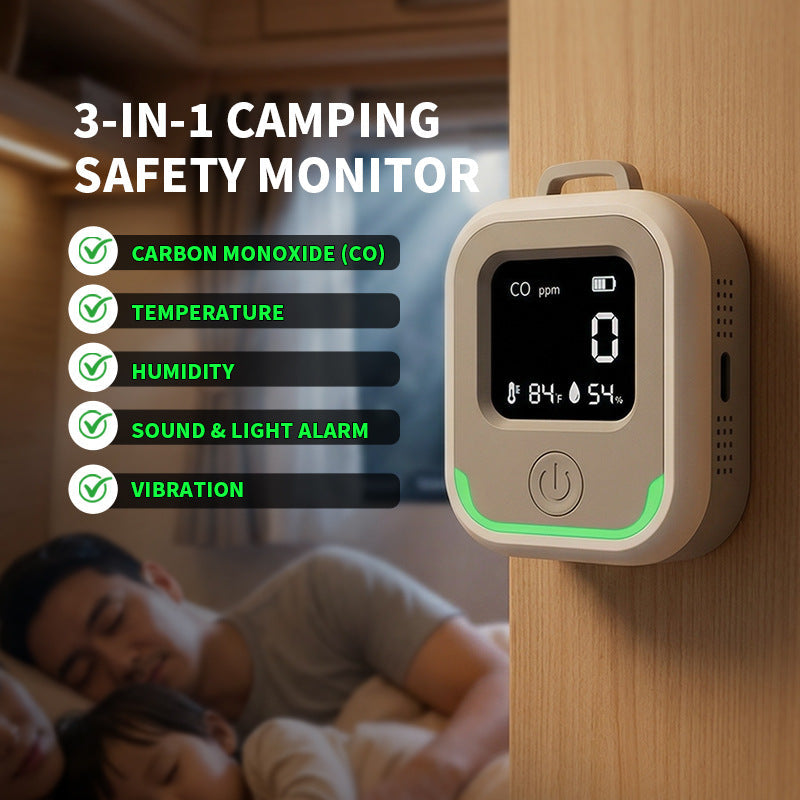 3-in-1 Portable CO Detector. Camping Carbon Monoxide Alarm with Temperature & Humidity Monitor