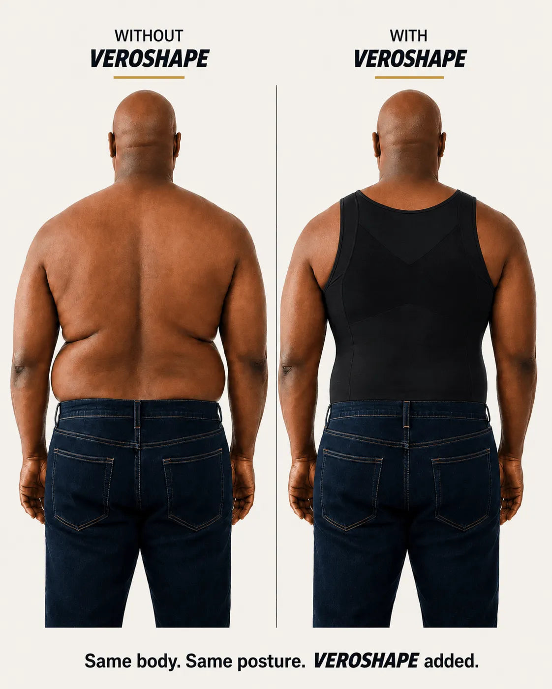 Rear comparison without and with VEROSHAPE men's shapewear, showing love-handle and back smoothing.