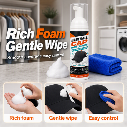 Baseball cap foam cleaner with a blue cloth and foam application and wipe-clean steps.