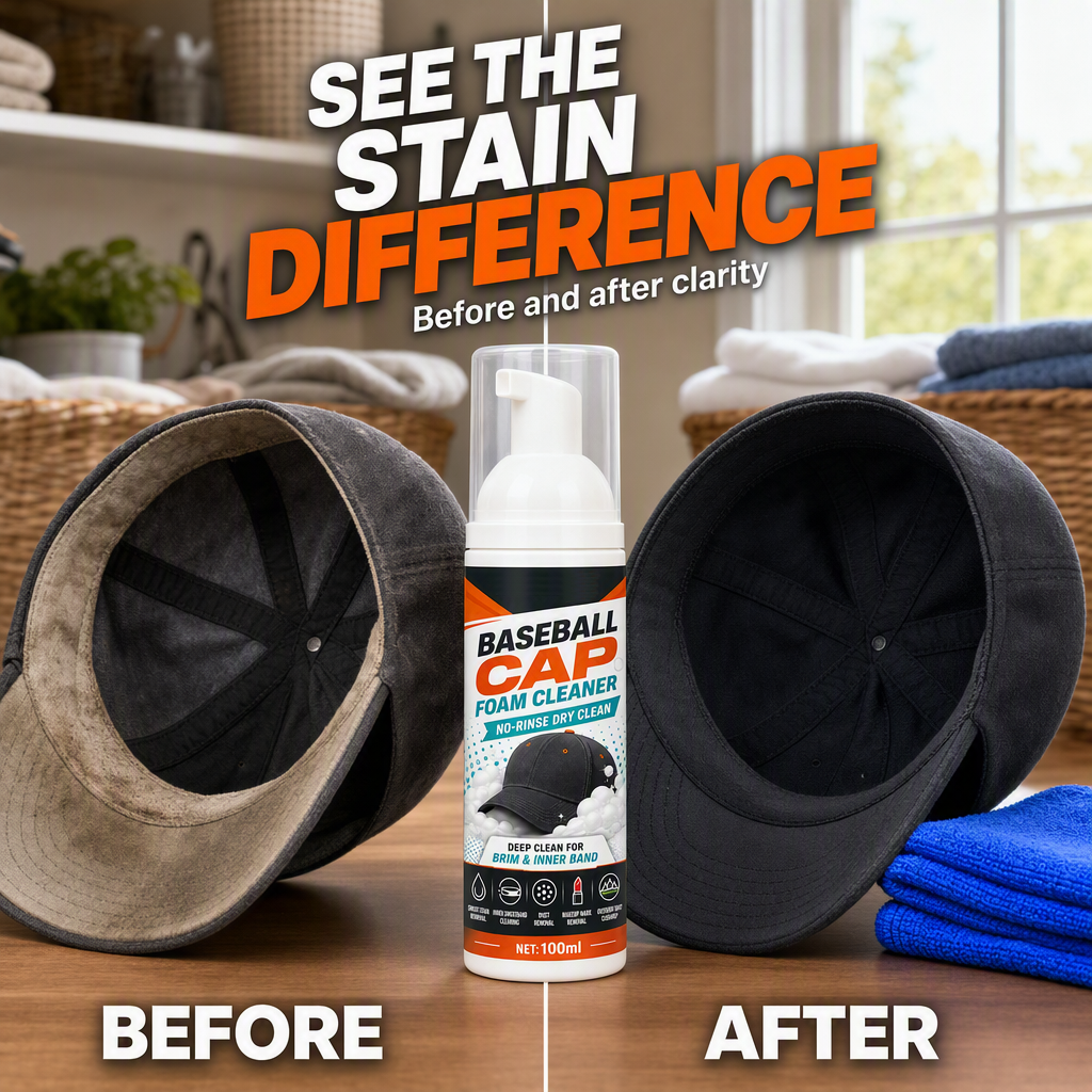 Before-and-after illustration of a cap sweatband beside the foam cleaner and cloth.