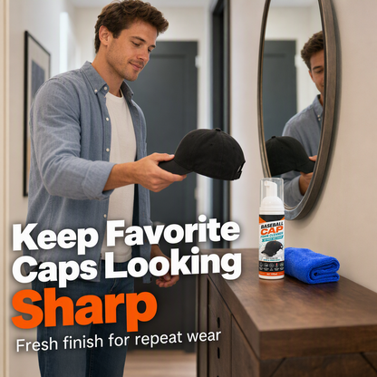 Man checking a baseball cap beside a bottle of foam cleaner and blue cloth.